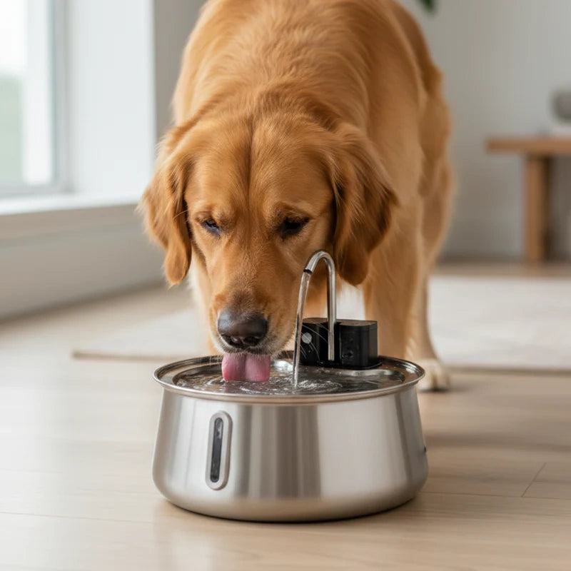 Dog drinking from wireless stainless steel fountain
