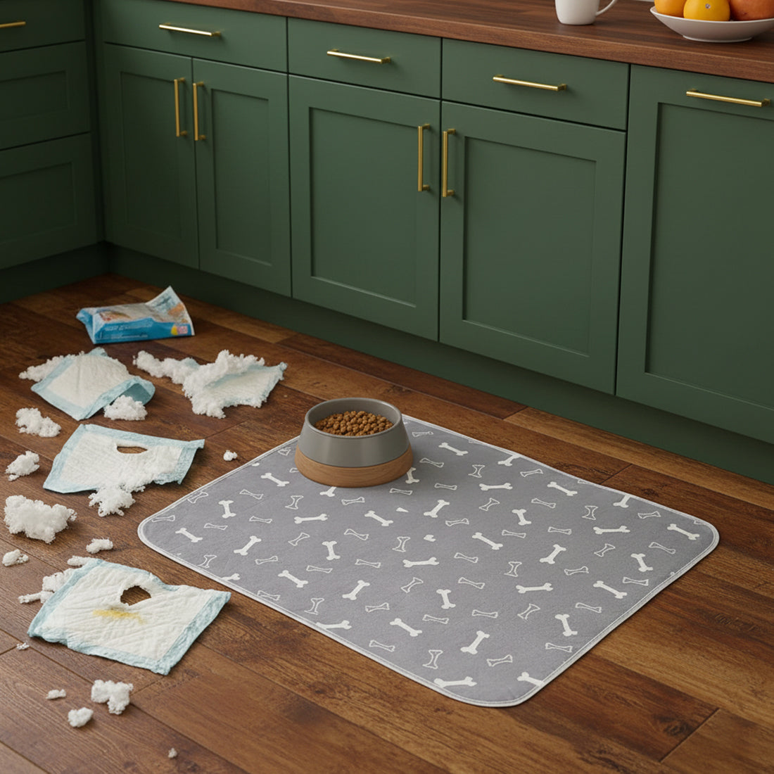 Kitchen floor with pup pad and shredded disposable pads