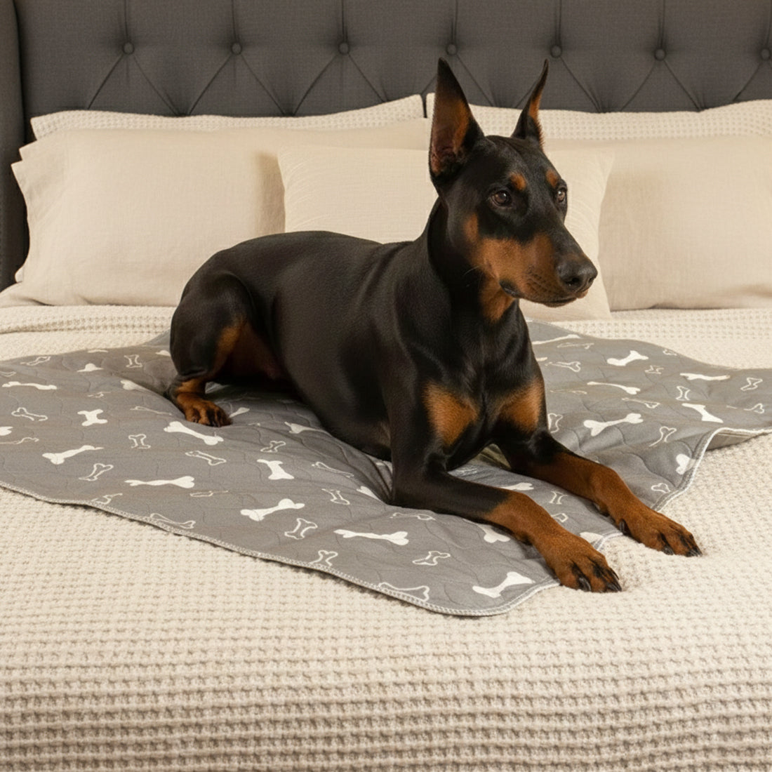 Doberman lying on pup pad on bed