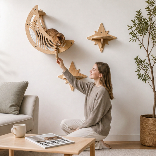 Wall-Mounted Wooden Cat Moon Climbing Shelf and Bed - view 1