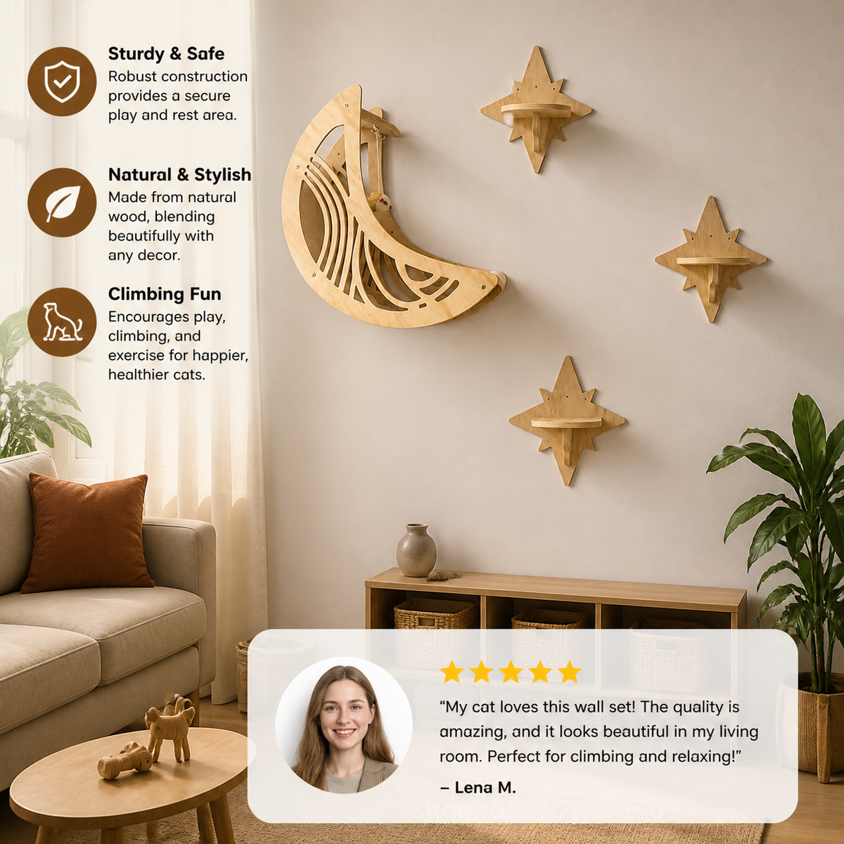 Wall-Mounted Wooden Cat Moon Climbing Shelf and Bed - view 2