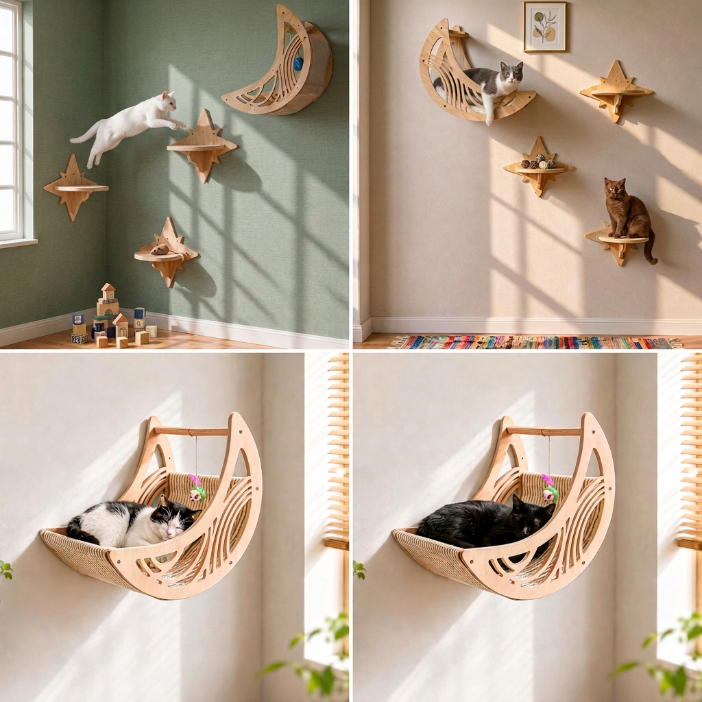 Wall-Mounted Wooden Cat Moon Climbing Shelf and Bed - view 4
