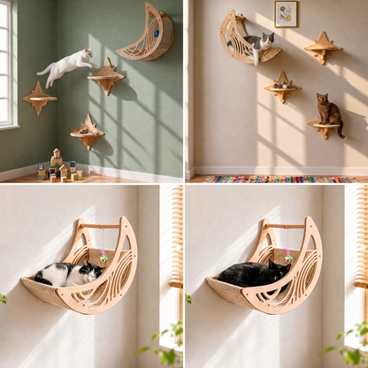 Wall-Mounted Wooden Cat Moon Climbing Shelf and Bed - view 4