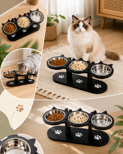 Elevated 3-Bowl Cat Feeding Stand