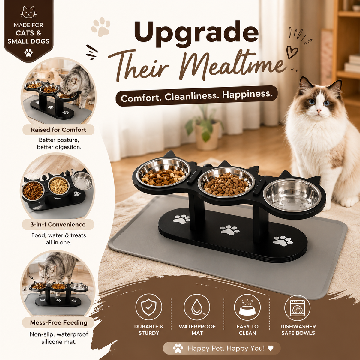 Elevated 3-Bowl Cat Feeding Stand