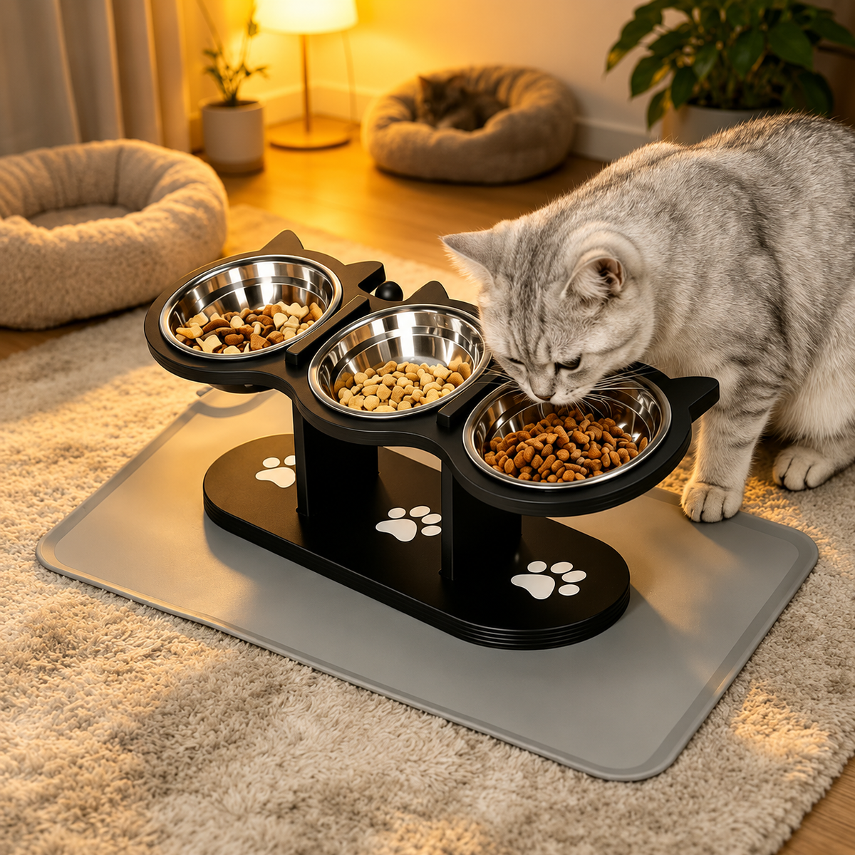 Elevated 3-Bowl Cat Feeding Stand