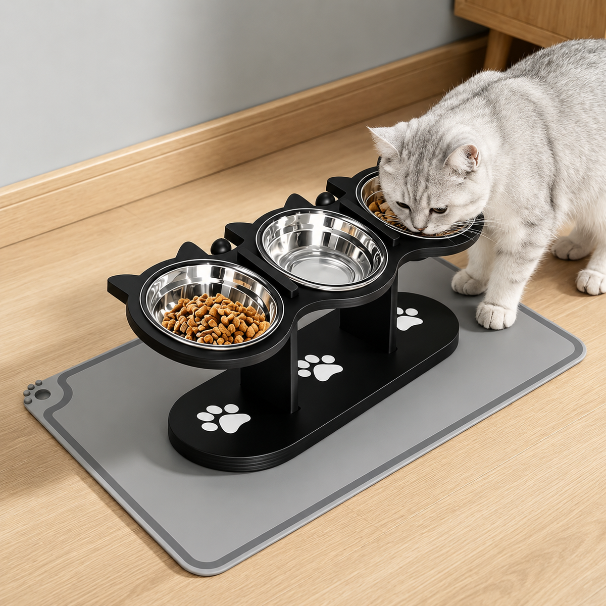 Elevated 3-Bowl Cat Feeding Stand