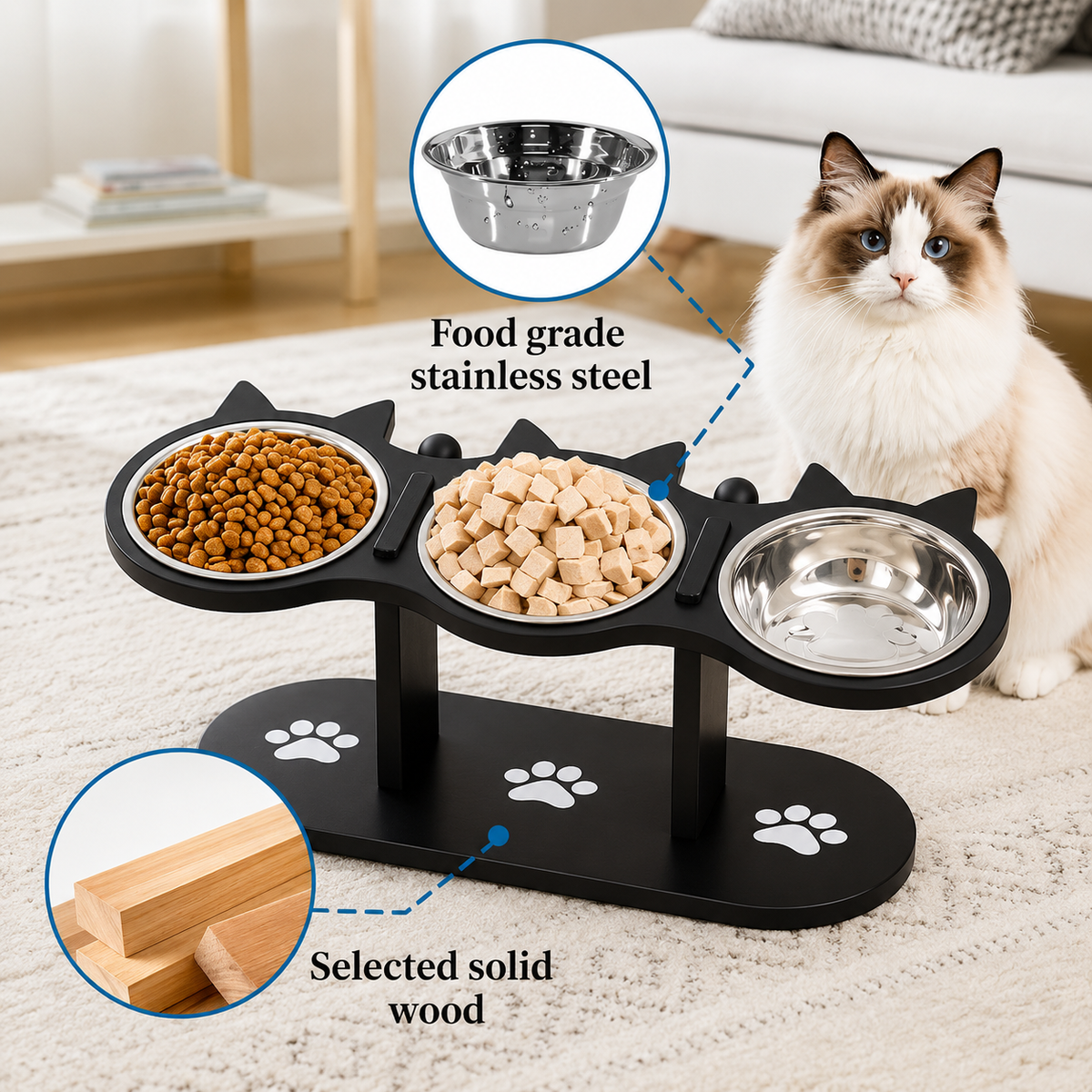 Elevated 3-Bowl Cat Feeding Stand