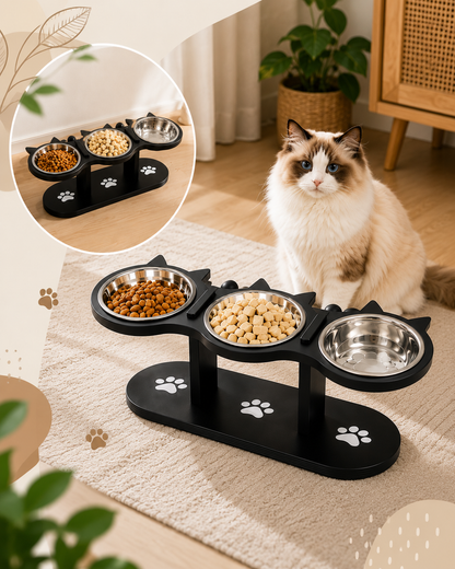 Elevated 3-Bowl Cat Feeding Stand