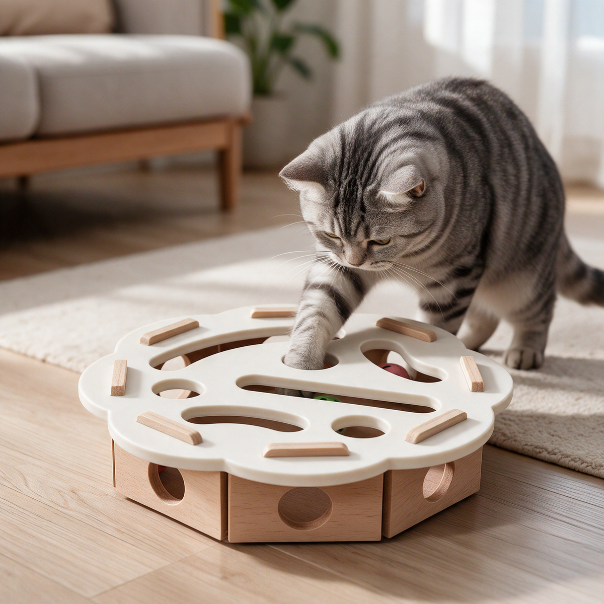 Solid Wood Cat Track Toy with Scratch Pad