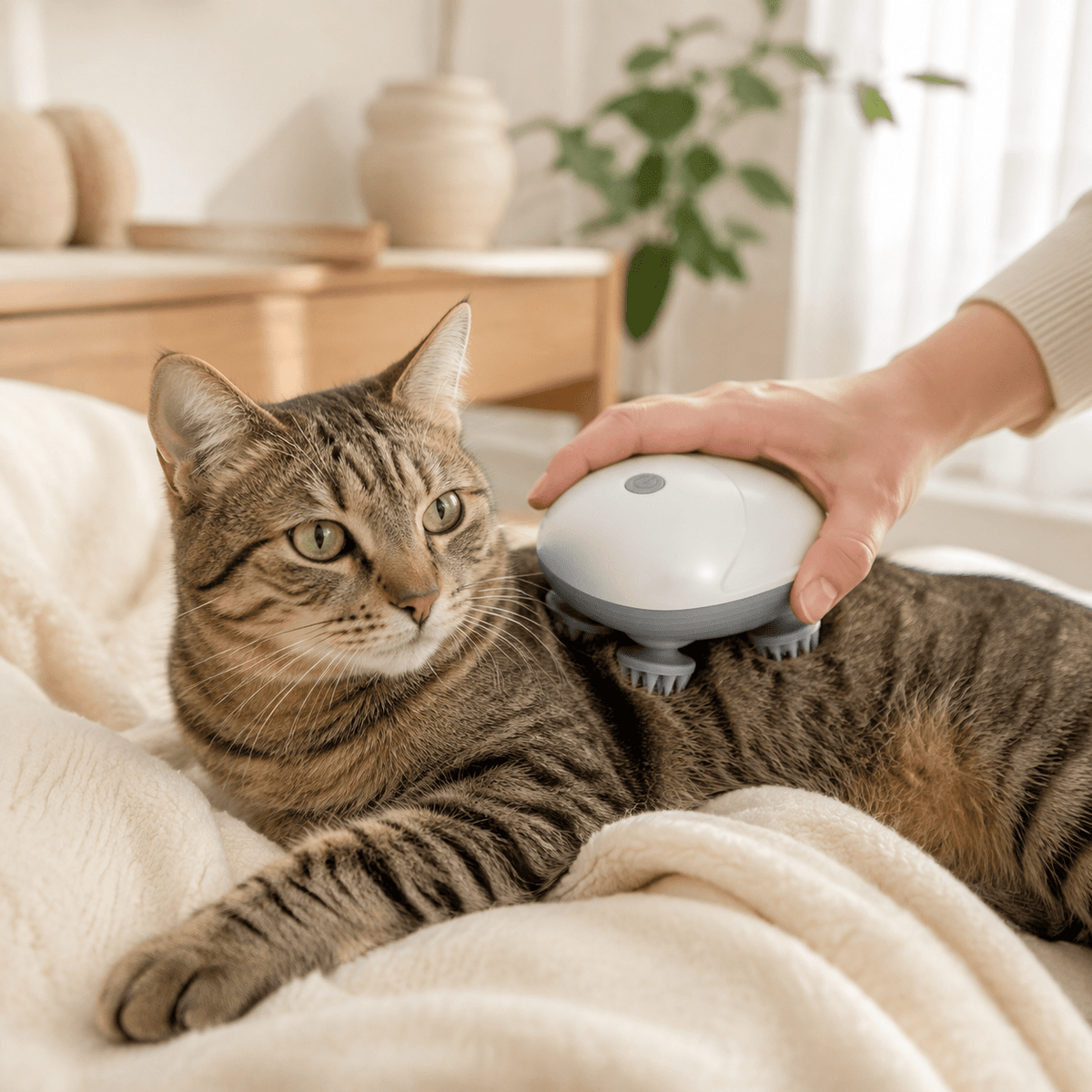 Cat being massaged with the pet massage brush