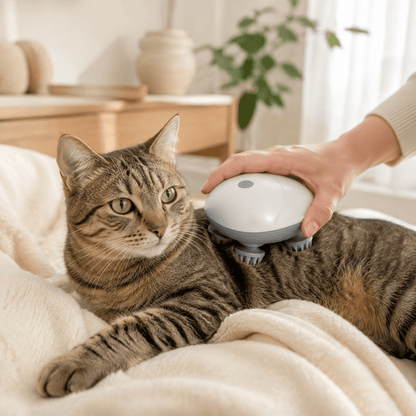 Cat being massaged with the pet massage brush