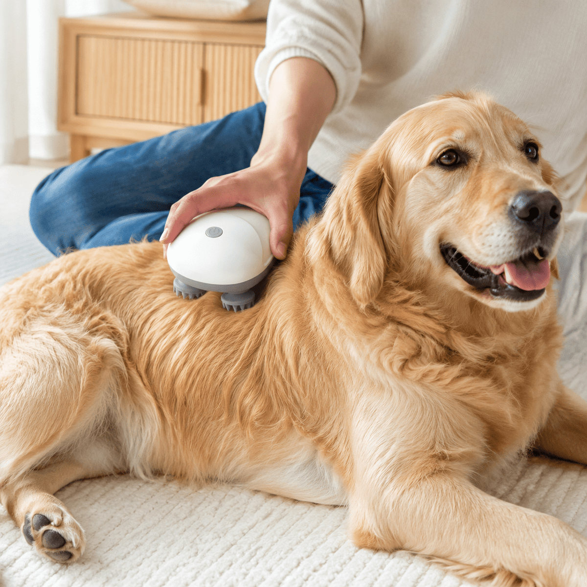 Golden retriever being massaged with the pet massage brush