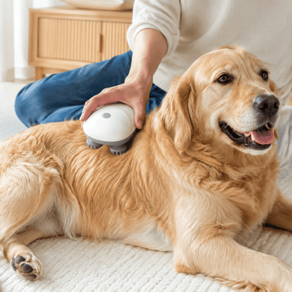 Golden retriever being massaged with the pet massage brush