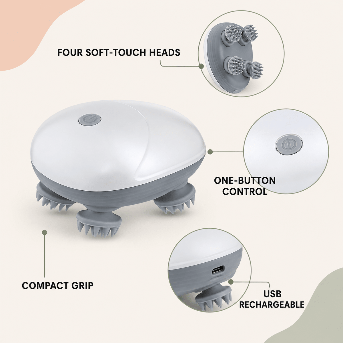 Feature callout showing four soft-touch heads, one-button control, compact grip, USB rechargeable