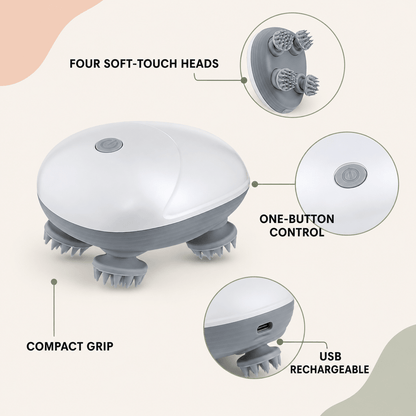 Feature callout showing four soft-touch heads, one-button control, compact grip, USB rechargeable