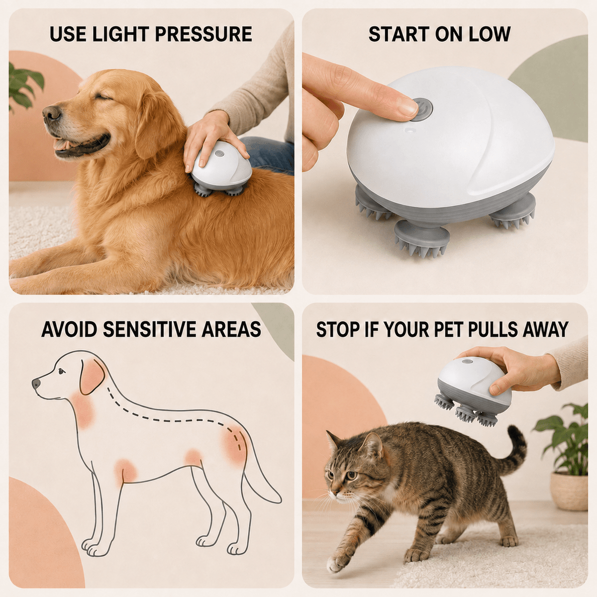 Usage guide showing light pressure and sensitive area avoidance