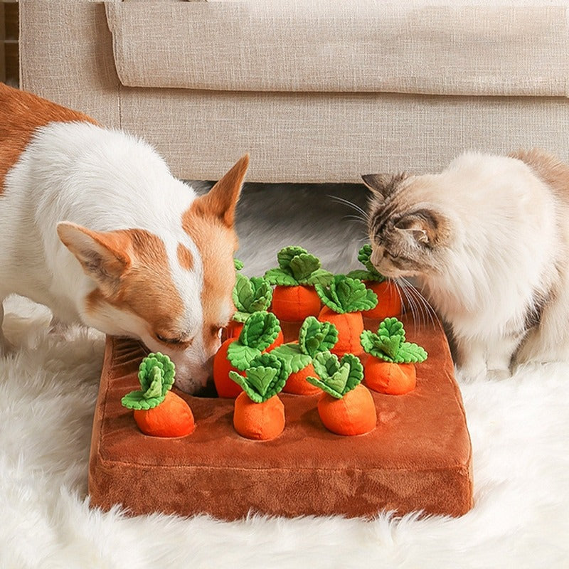 Dog and cat using interactive carrot garden treat-hiding toy